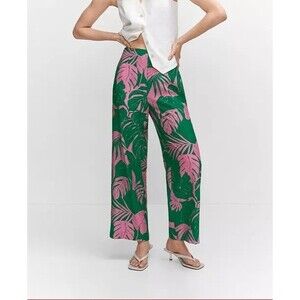 Mango High Rise Wide Leg Pants 8 Pink Green Tropical Resortwear Hawaiian Travel
